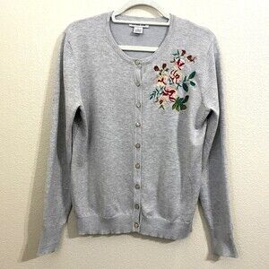 Estrna Jane Womens Cardigan Size L Floral Embroidered Gray